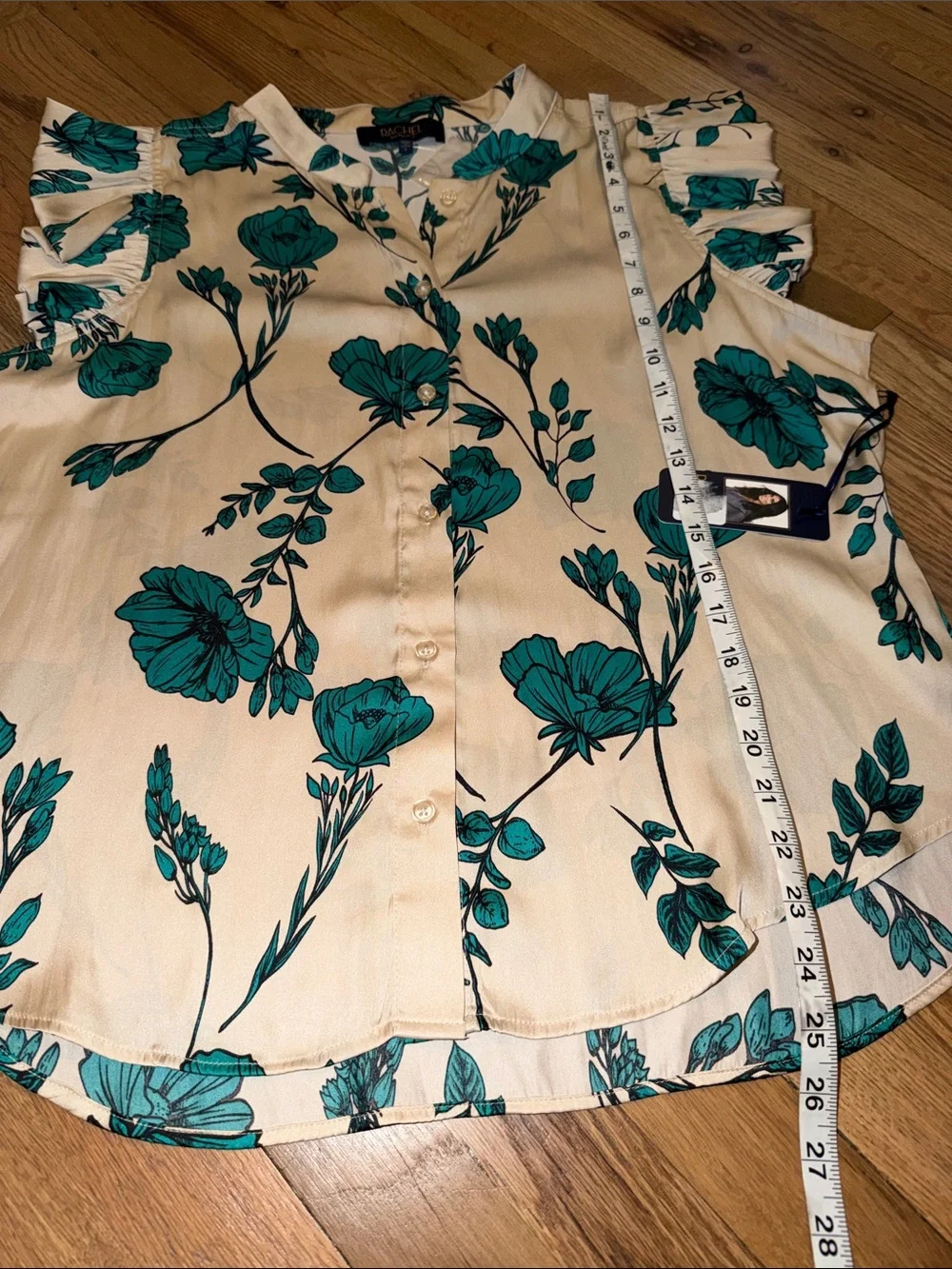 RACHEL Rachel Roy Teal Floral Ruffle Sleeve Blouse on Cream Base Size L NWT - Picture 5 of 6